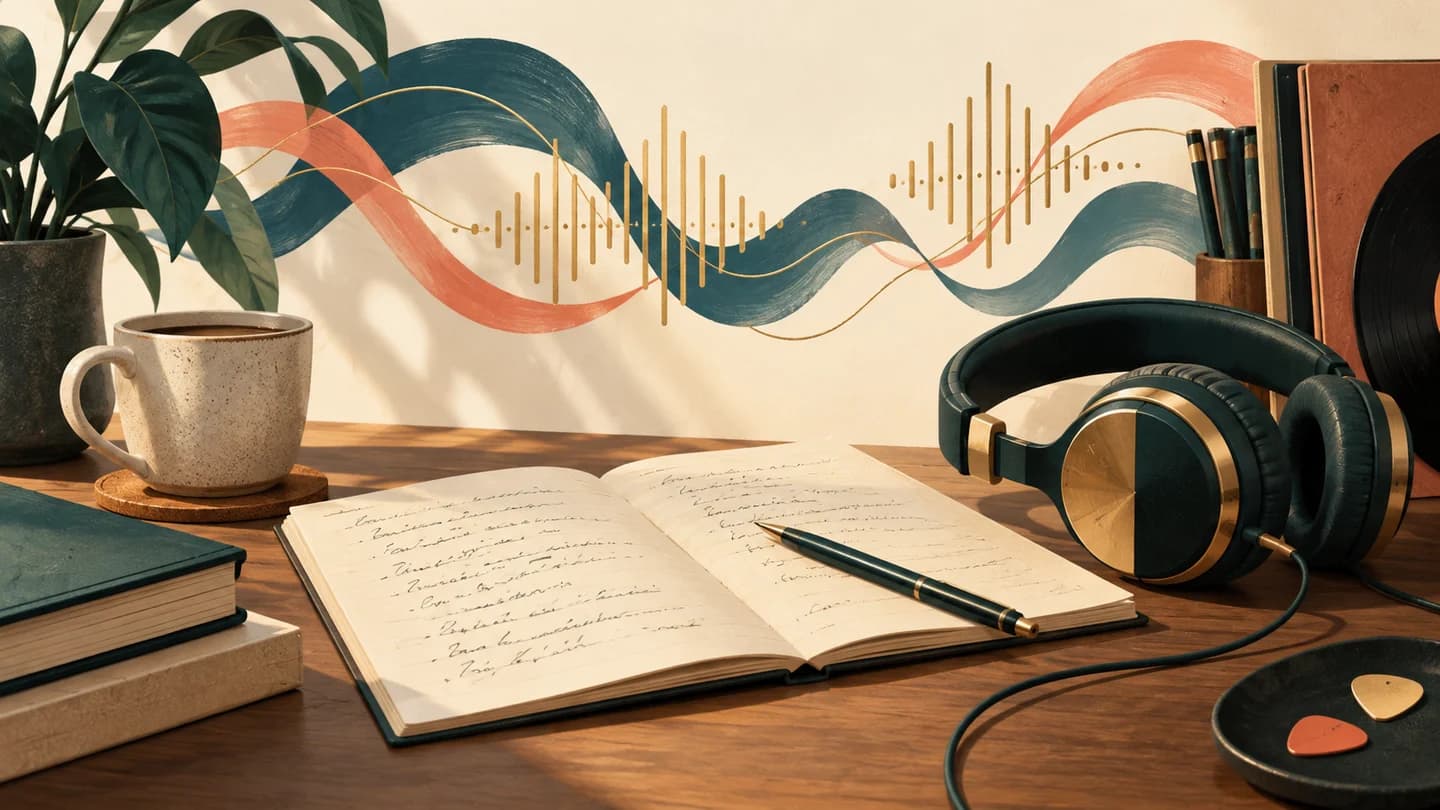 A musician desk with lyric manuscript, waveform ribbons and headphones