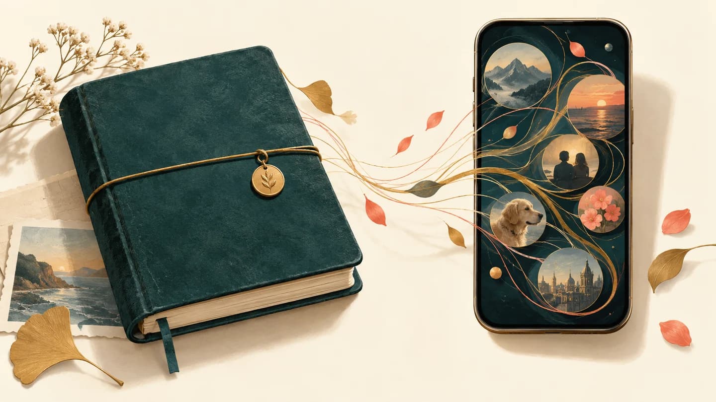 A private journal beside a phone with abstract memory threads enclosed within its silhouette