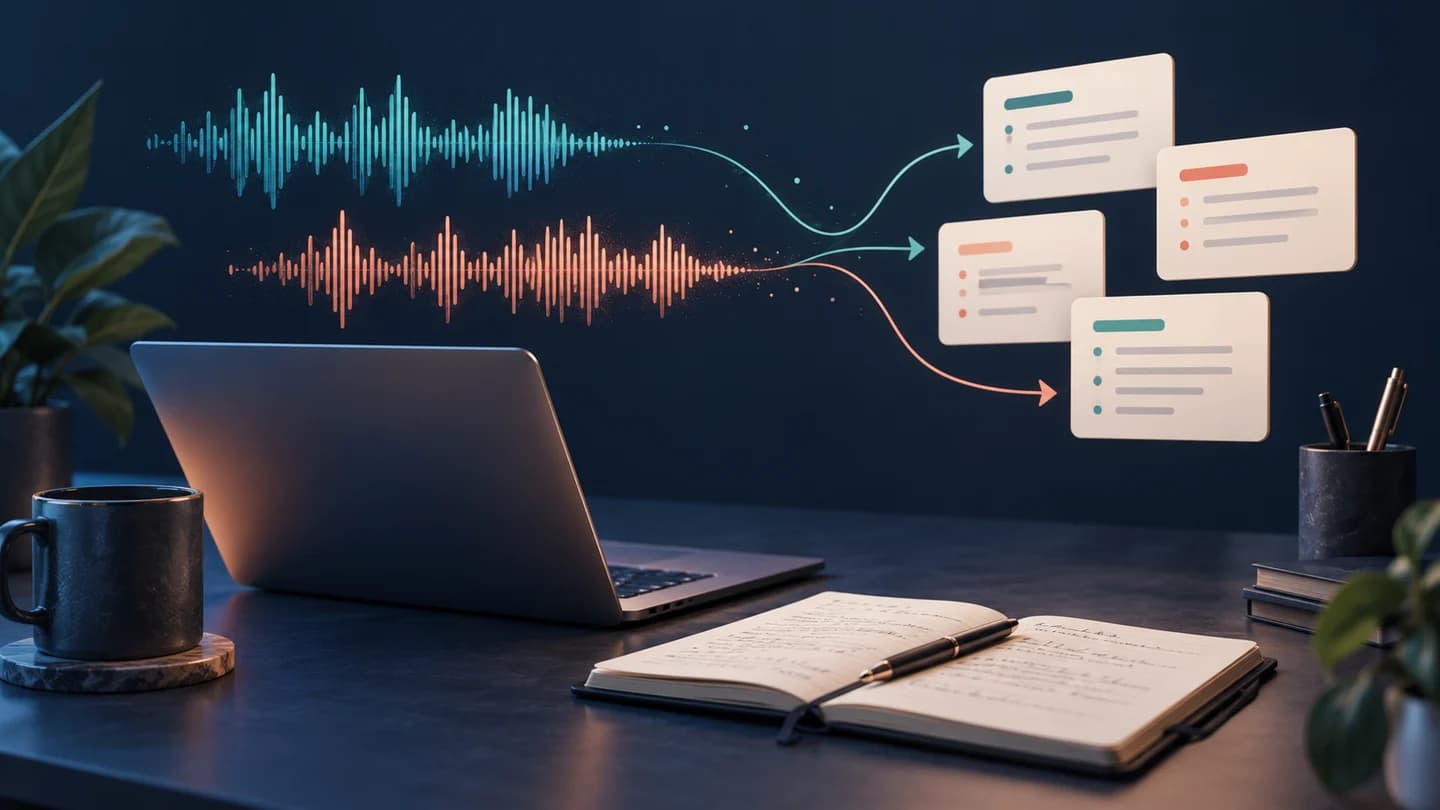 A laptop and meeting notebook with audio waves becoming organized notes