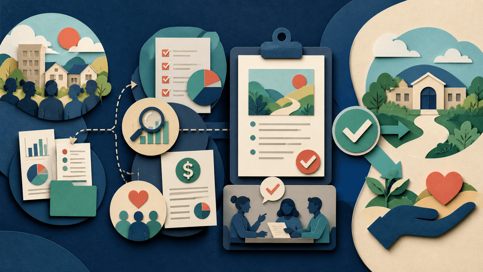AI grant writing workflow for nonprofits Editorial illustration of a nonprofit team connecting community needs, program evidence, budgets, funder requirements, and human review into a grant proposal