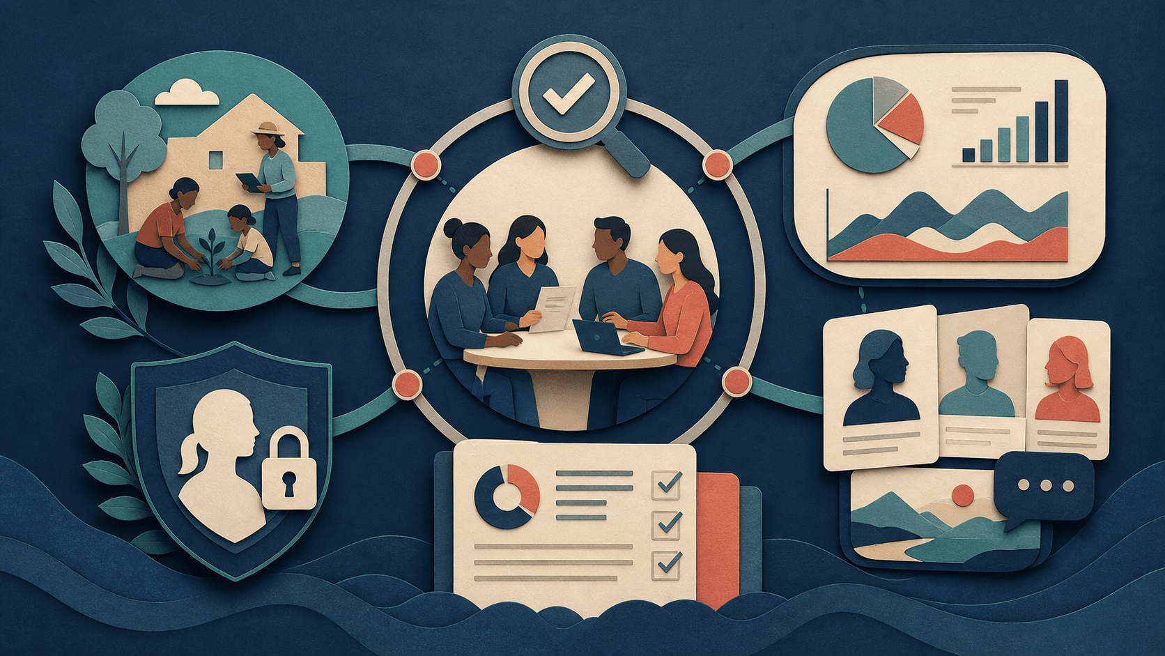 Nonprofit AI impact reporting and measurement Editorial illustration of a nonprofit team connecting verified program outcomes, protected beneficiary information, charts, stories, and human review into an impact report