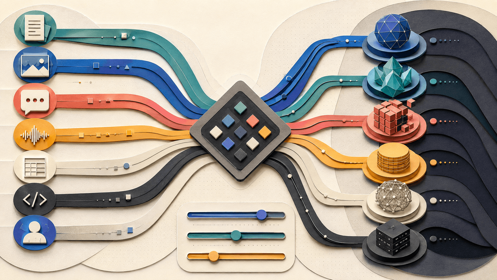 Not Diamond Review 2026: AI Model Routing and Prompt Optimization Paper-cut request paths passing through a diamond router toward different model engines and cost-quality controls
