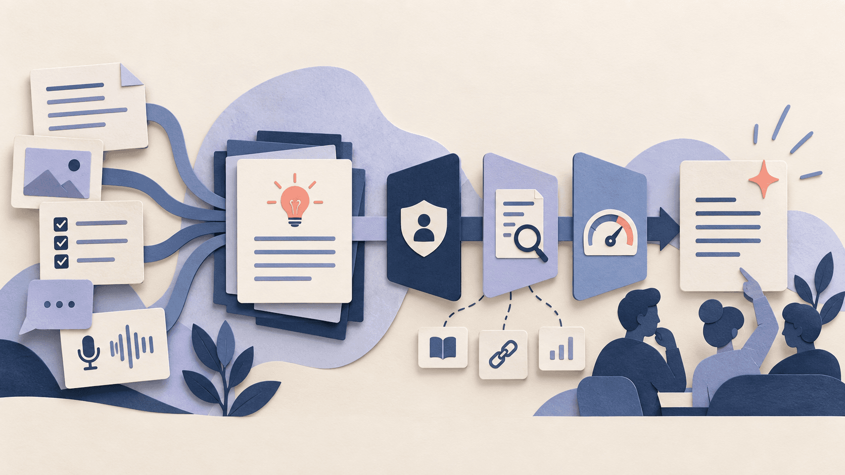 notion ai review 2026 Paper-cut editorial illustration of team knowledge passing through permissions, evidence review, usage limits, and human approval