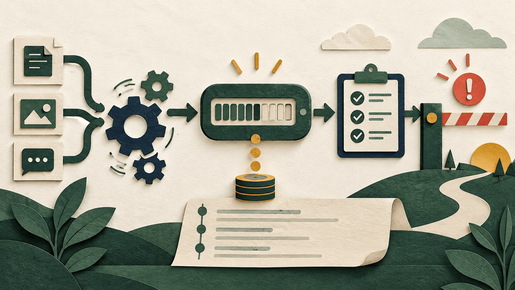 notion workers credit pricing 2026 Paper-cut editorial illustration of background automations passing through a credit meter, run log, approval gate, and budget stop