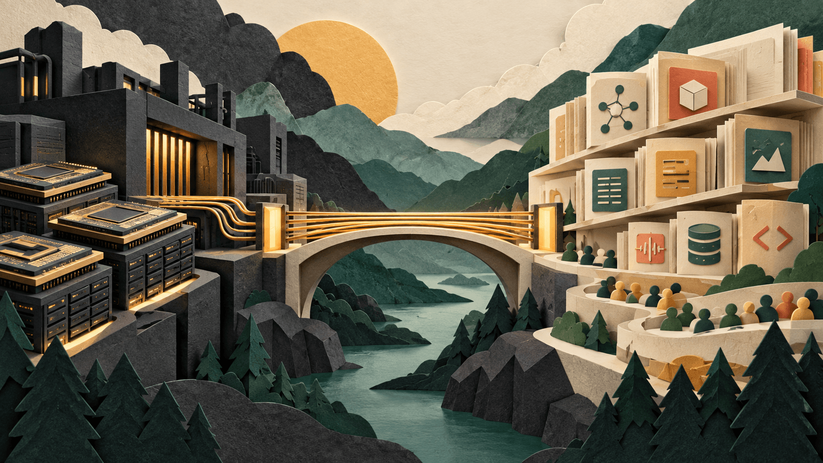 AI compute and an open model library joined across a shared bridge Paper-cut illustration of powerful compute stacks joining an open modular model library across a central bridge