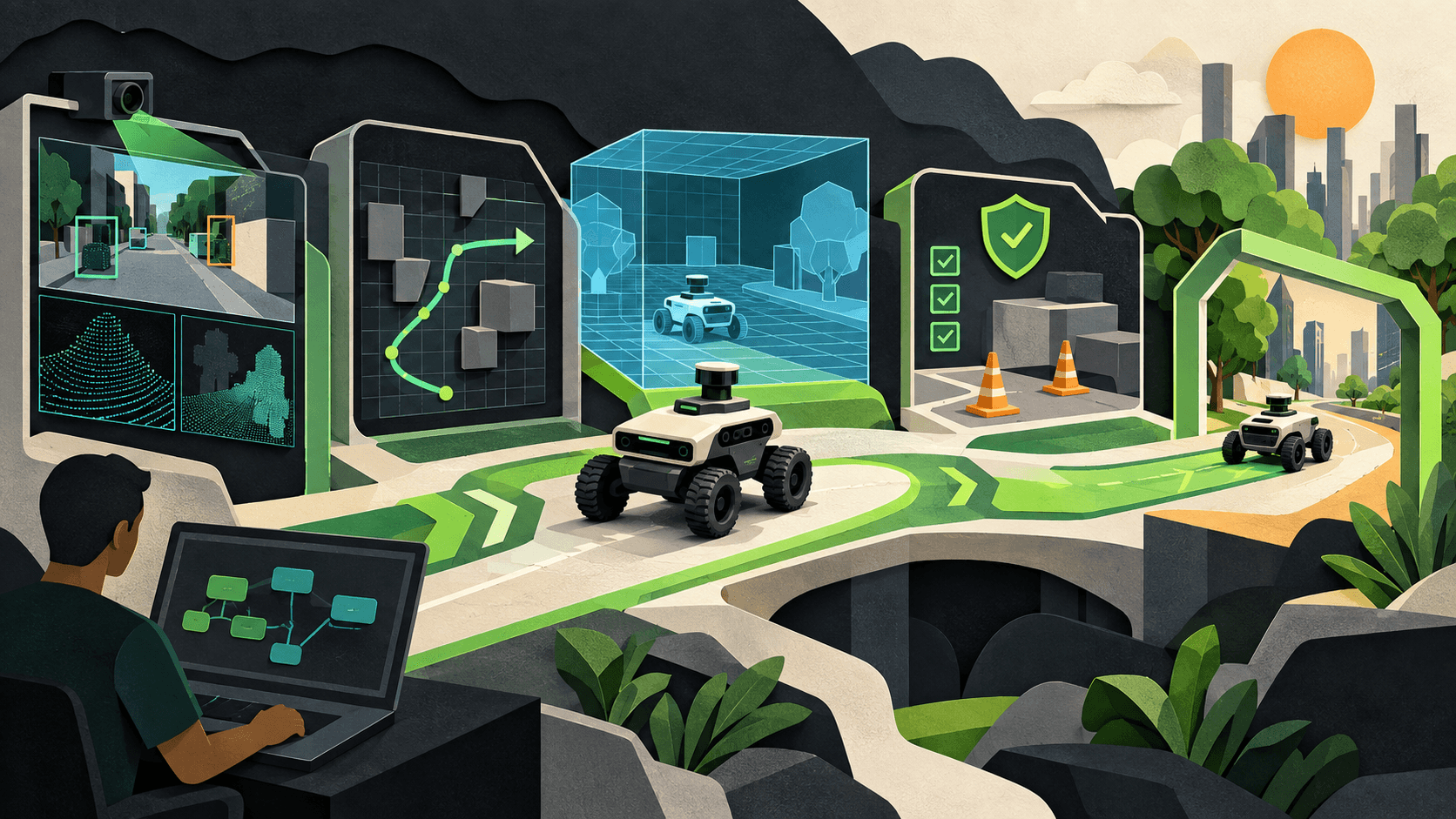 nvidia isaac ros 5 agentic robotics 2026 Paper-cut editorial illustration of a robot moving from perception and planning through simulation, safety checks, and bounded deployment