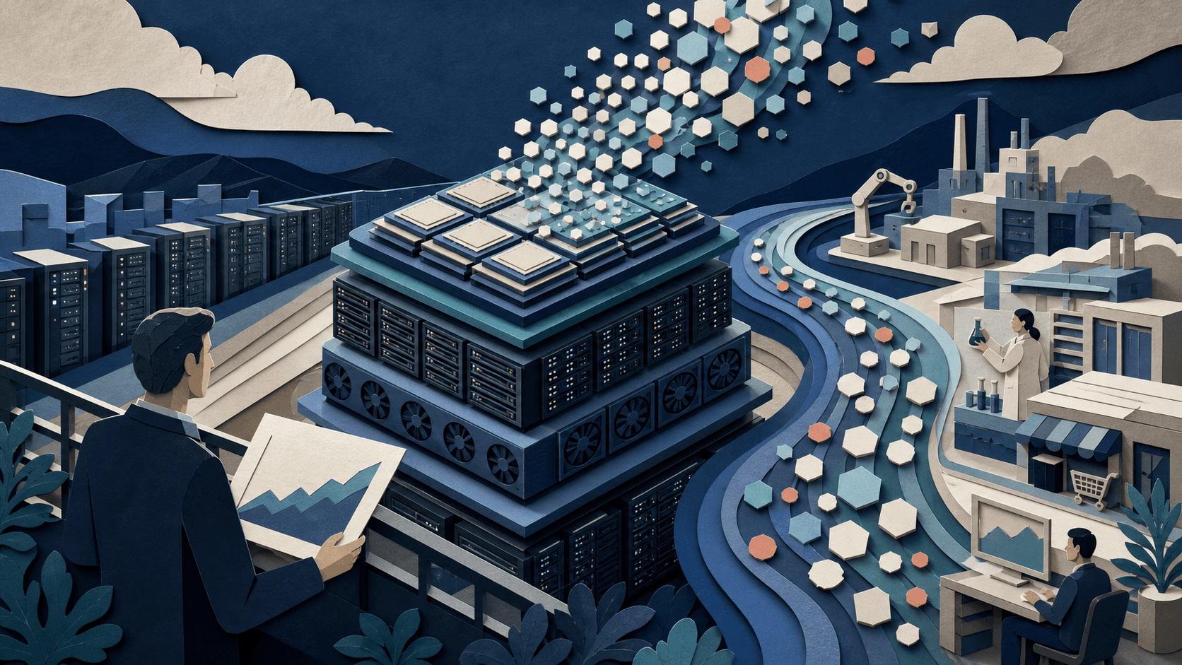 AI compute infrastructure flowing into productive workloads Paper-cut data center with stacked processors sending geometric tokens toward factories, labs, shops, and business systems