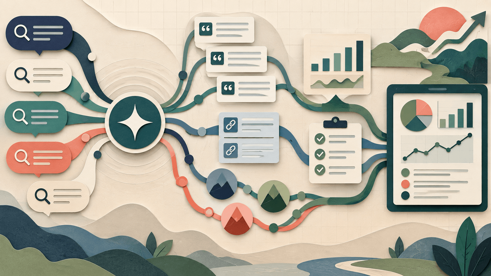 OmniSEO review: prompts, citations, competitors, and outcomes Abstract paper-cut editorial illustration of a brand signal moving through conversational prompts, citation nodes, competitor paths, trend charts, and an evidence checklist