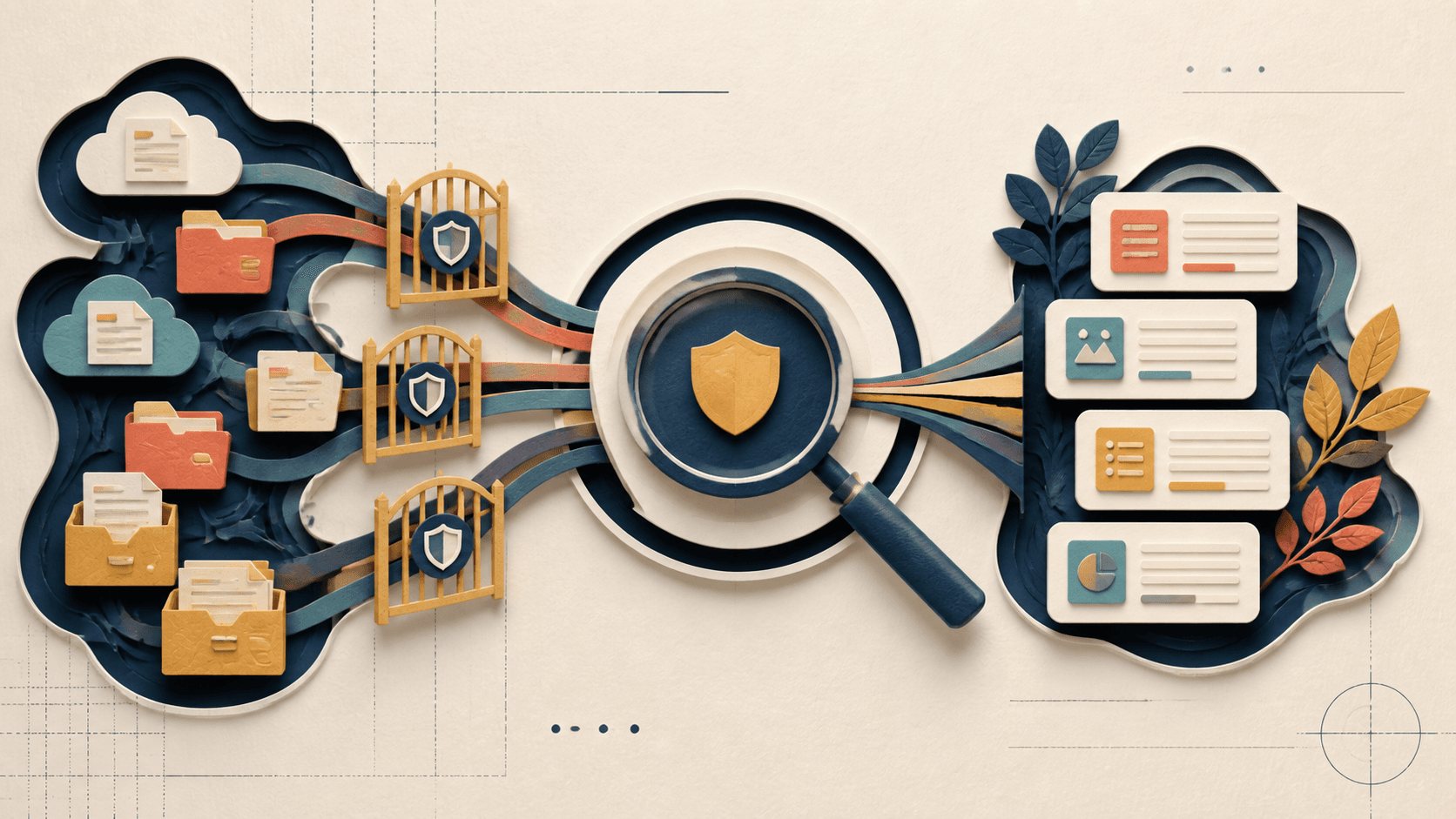 Onyx AI Review 2026: Enterprise Search, Security, Pricing, and Fit Paper-cut illustration of protected workplace repositories passing through permission gates into cited search results