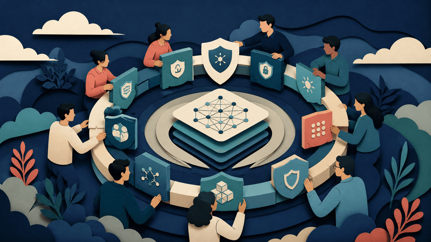 Open Secure AI Alliance and open-model security Editorial illustration of many contributors adding transparent defensive layers and shields around an open AI model core