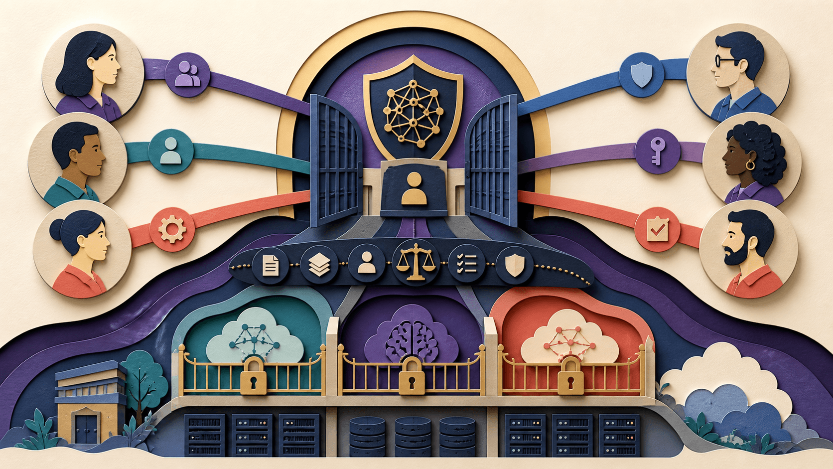 Open WebUI Review 2026: Self-Hosting, Security, Licensing, and Fit Paper-cut illustration of several users passing through governed access gates to local and cloud AI models on self-hosted infrastructure