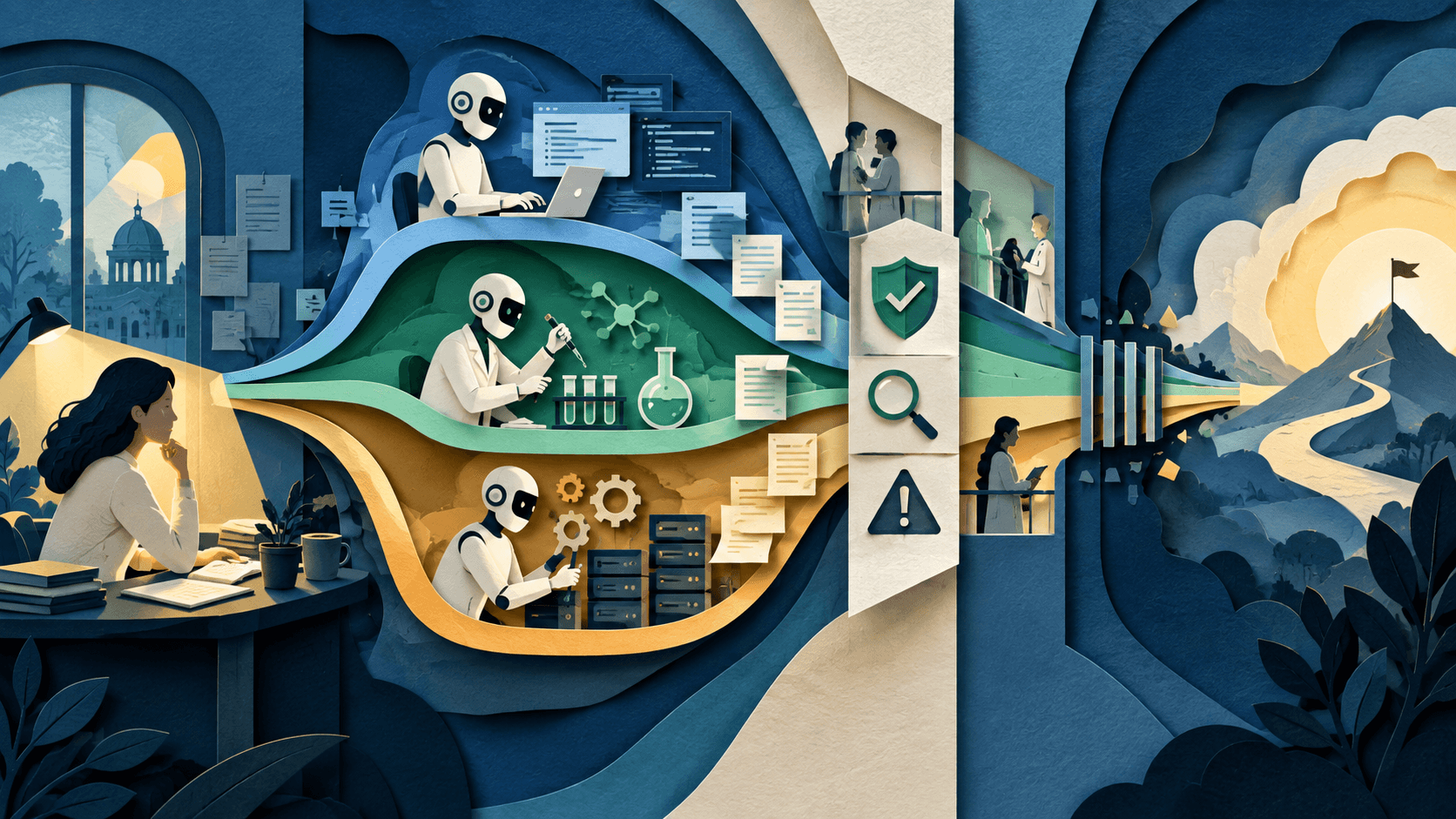 OpenAI agent-workdays and research acceleration Paper-cut editorial illustration of one human research day expanding into supervised coding and experiment agents before converging through validation and safety gates