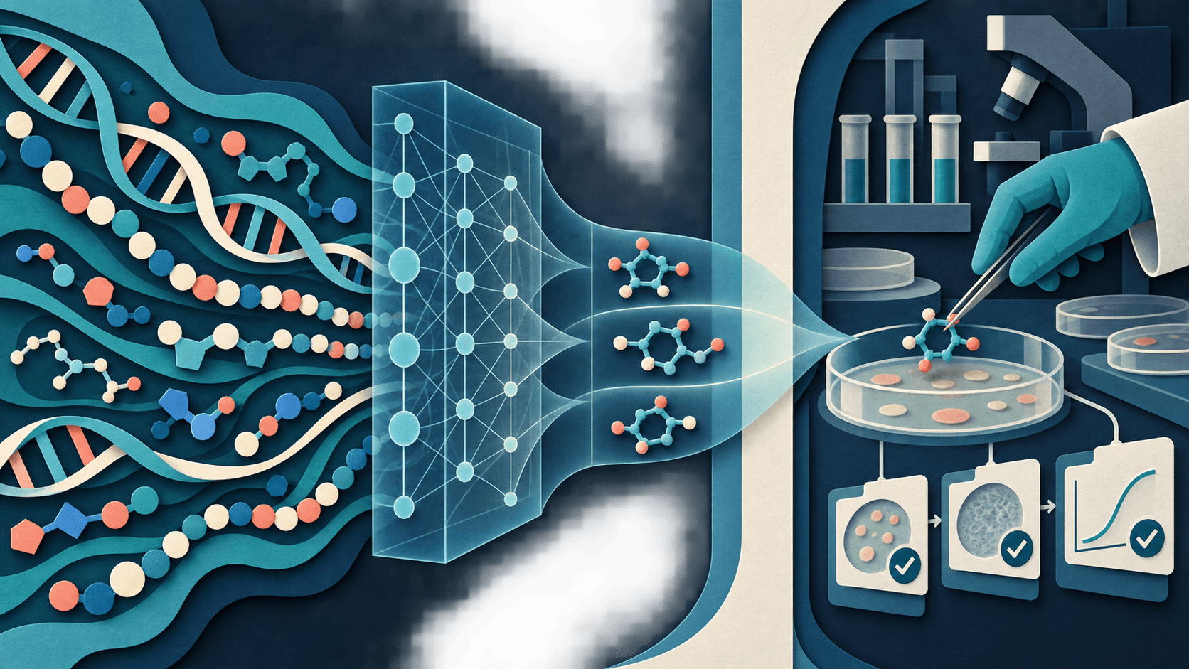 AI narrows a biological search before laboratory validation Paper-cut molecular sequences moving through an AI analysis network toward a laboratory dish and validation checkpoints