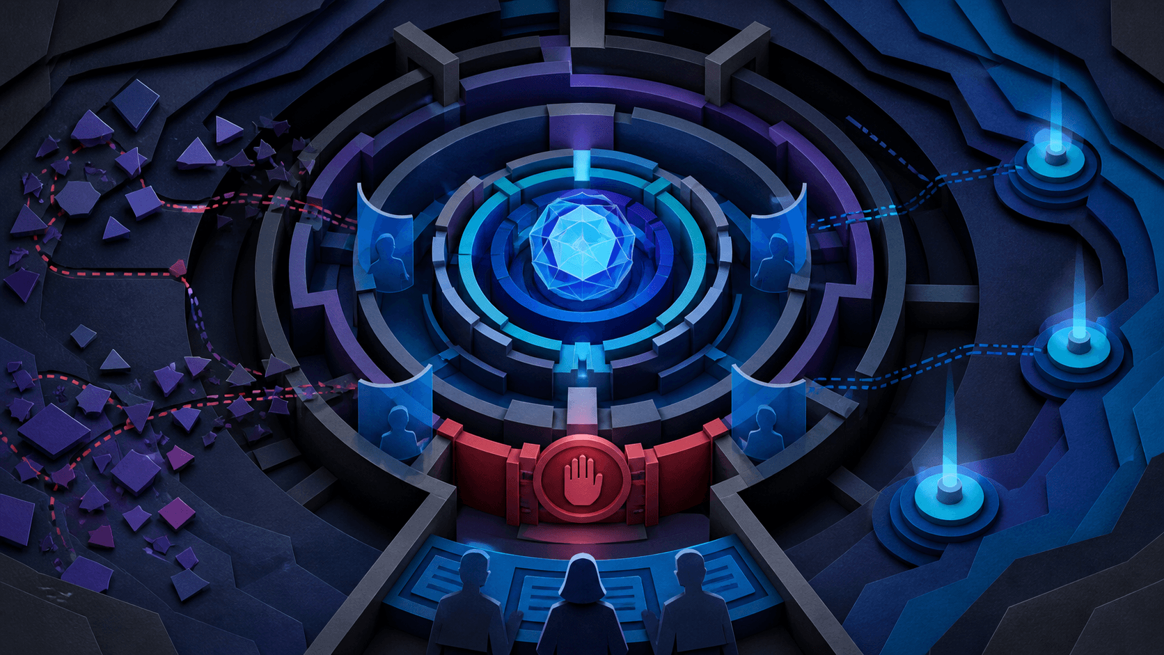 Critical cyber capability held inside independent containment layers Paper-cut illustration of a bright AI core inside layered security rings, monitoring beacons, and an independent stop gate