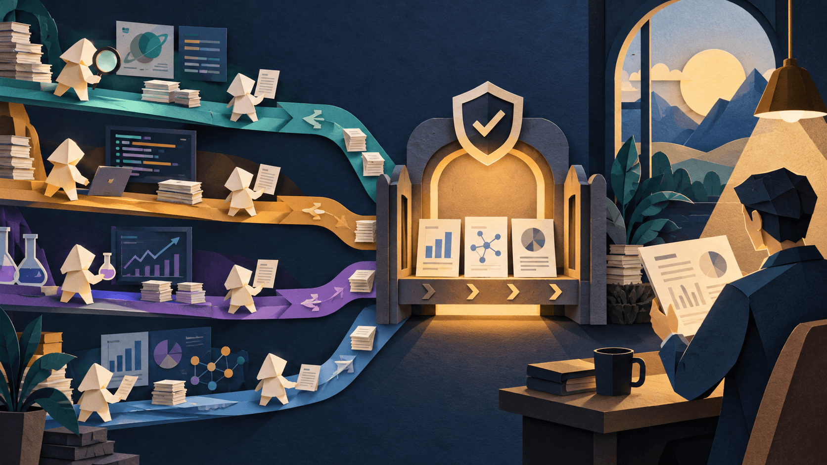 Parallel research agents returning experiments through human review gates Paper-cut illustration of multiple luminous research agents running parallel experiments under a human-guided review path