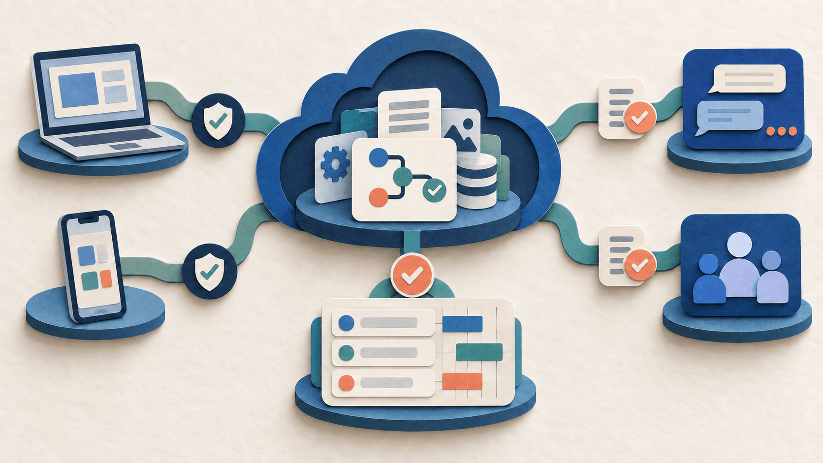 OpenAI Enterprise Team Tools: What Changed Paper-cut editorial illustration of a reusable cloud workspace connecting approved devices, team tasks, app connections, schedules, and review gates