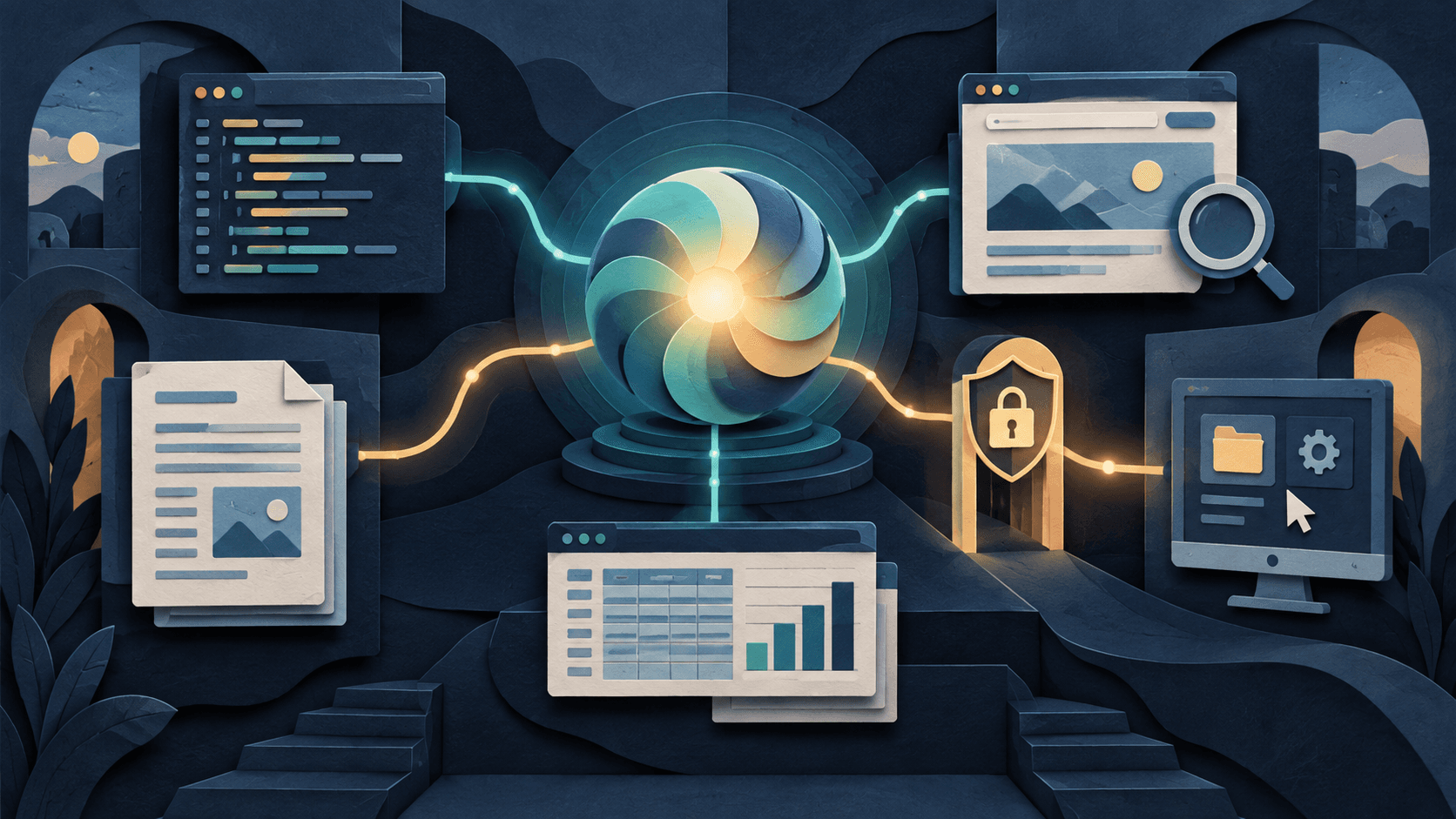A frontier AI model coordinates complex work through a monitored tool network Paper-cut illustration of an abstract AI core connecting code, research, document, spreadsheet, and computer panels through a security checkpoint