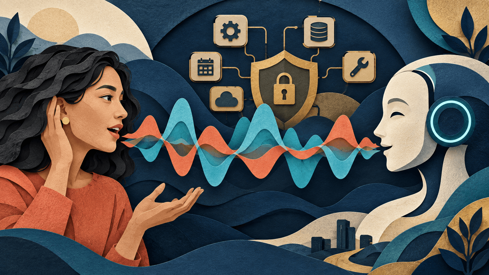 A full-duplex conversation connected to governed AI tools Paper-cut person and AI voice interface exchanging overlapping audio waves with protected tools in the background