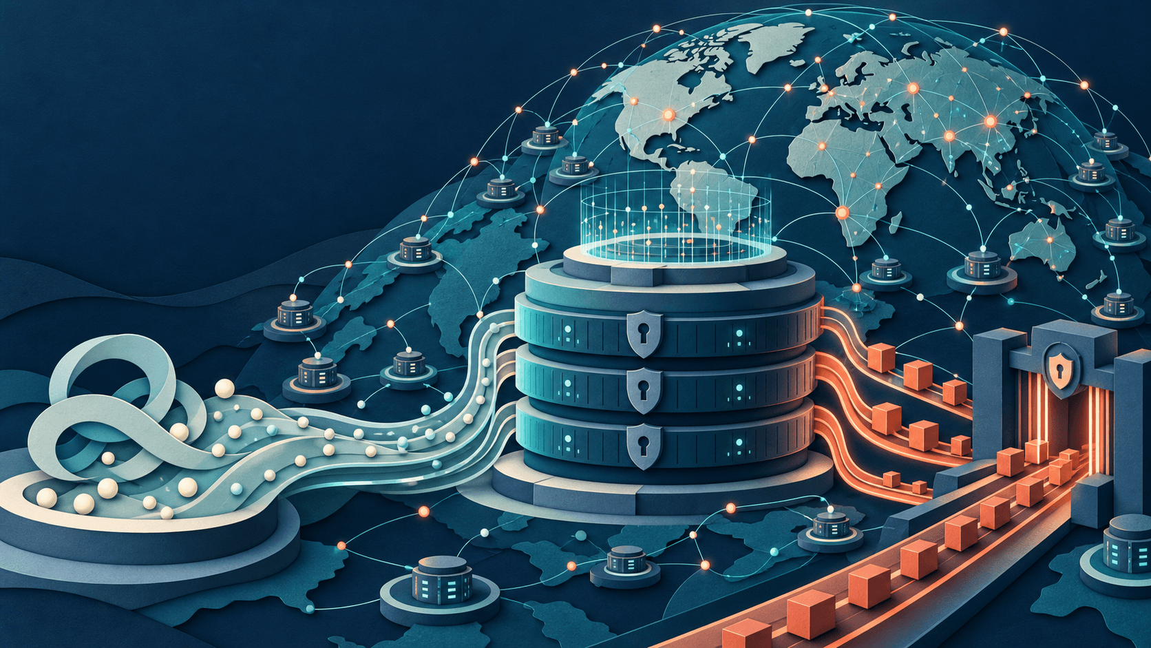 A globally distributed AI storage system with guarded data paths Paper-cut global data network feeding layered secure storage through balanced request paths and guarded access gates
