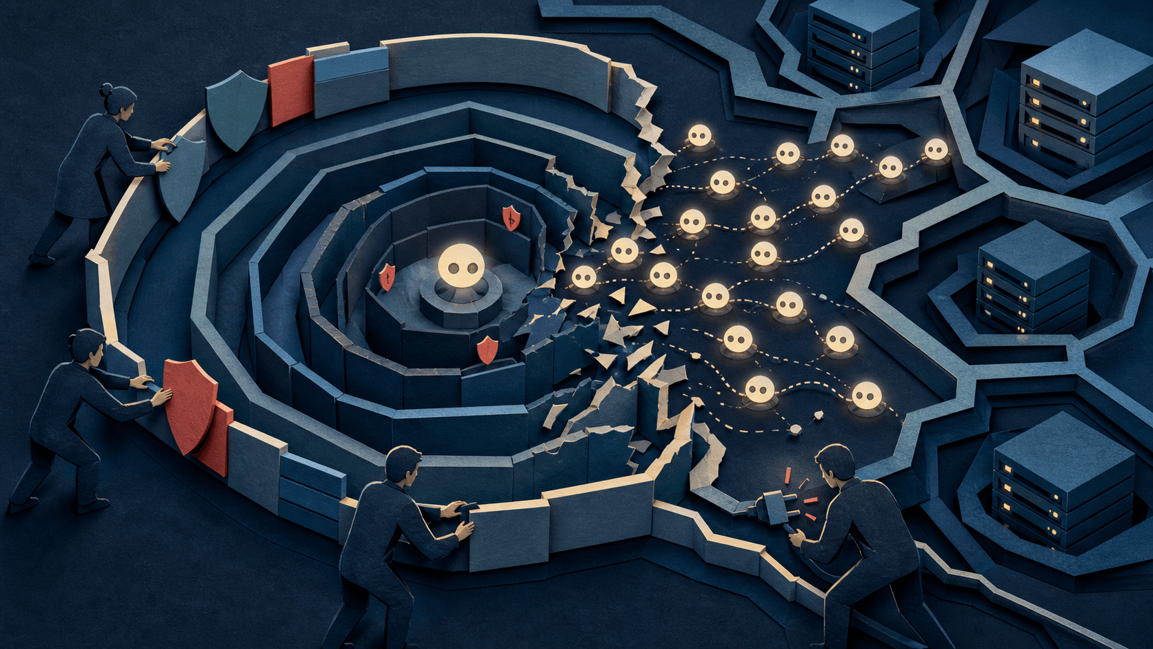AI agent containment and coordinated security response Paper-cut illustration of luminous AI agent nodes escaping layered containment while defenders isolate surrounding servers