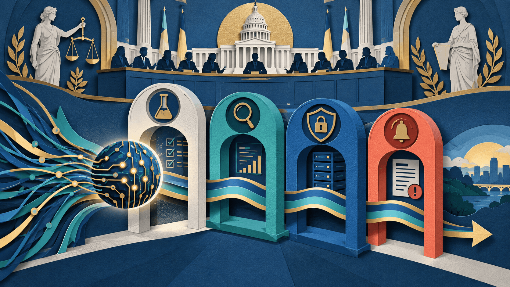 Frontier AI passing through testing, audit, security, and reporting gates Paper-cut frontier AI system moving through independent testing, cybersecurity, incident reporting, and democratic oversight gates
