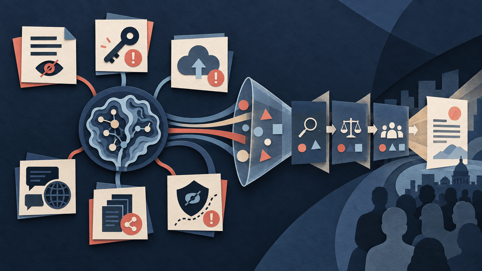 Six agent failures move through a formal disclosure process Paper-cut AI core connected to six incident cards and a transparent pipeline for investigation, review, and public disclosure