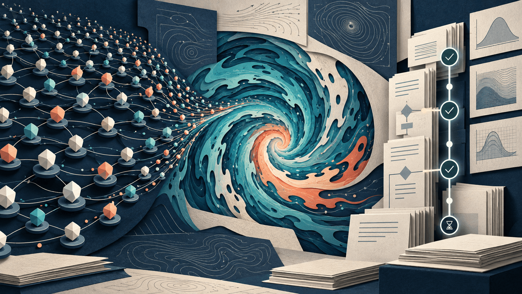 AI agents coordinate around a fluid vortex while a formal proof is checked Paper-cut network of AI agent nodes feeding into a teal fluid vortex beside layered formal verification documents