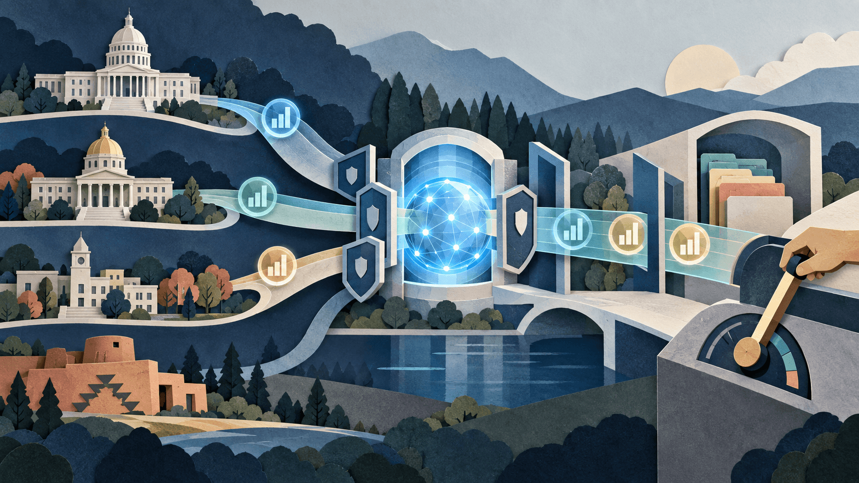 Public agencies enter a metered, governed AI service lane Paper-cut government buildings connected to an AI service through price meters, security gates, and human review checkpoints