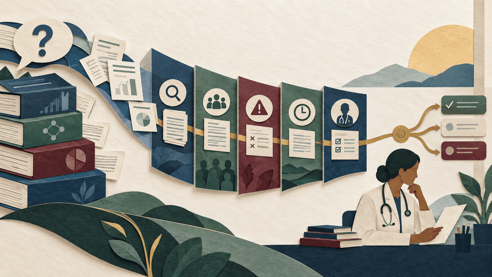OpenEvidence Review 2026: Clinical AI, Sources & Safety Paper-cut editorial illustration of a clinical question becoming a cited evidence synthesis that passes through source, population, contraindication, recency, and physician-review checkpoints