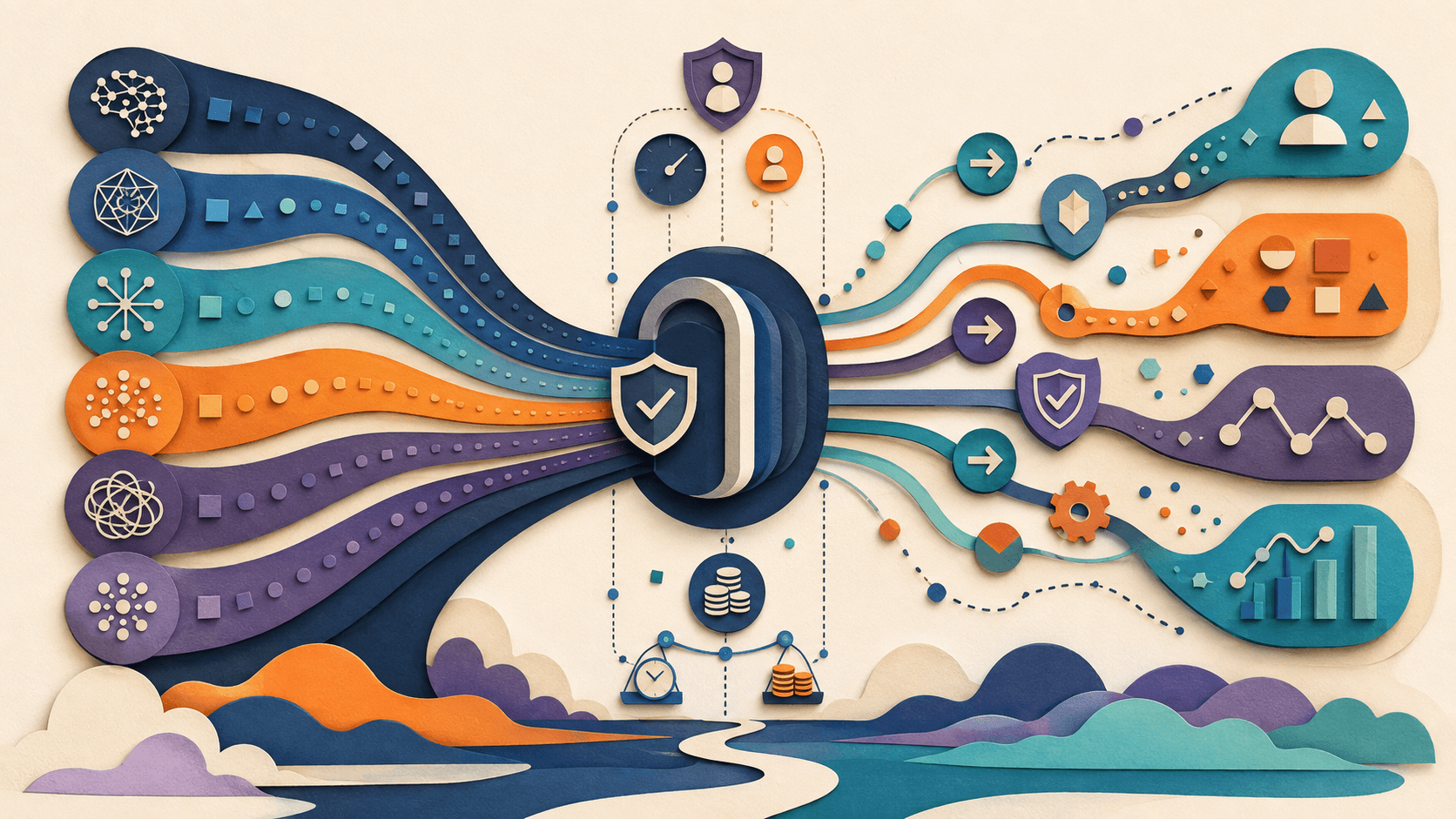 Orq.ai Review 2026: AI Gateway Pricing and Governance Paper-cut model streams and tool routes converging through a governed gateway with budgets, shields, and observability