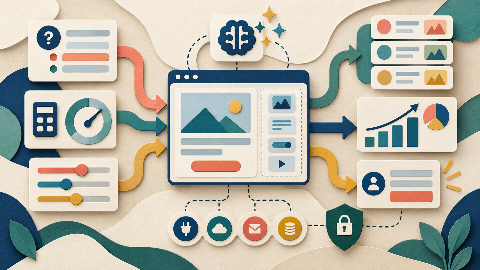 Outgrow review: AI-assisted interactive content and lead qualification Paper-cut editorial illustration of a no-code interactive content canvas connected to quiz, calculator, survey, recommendation, analytics, integration, lead, and privacy symbols