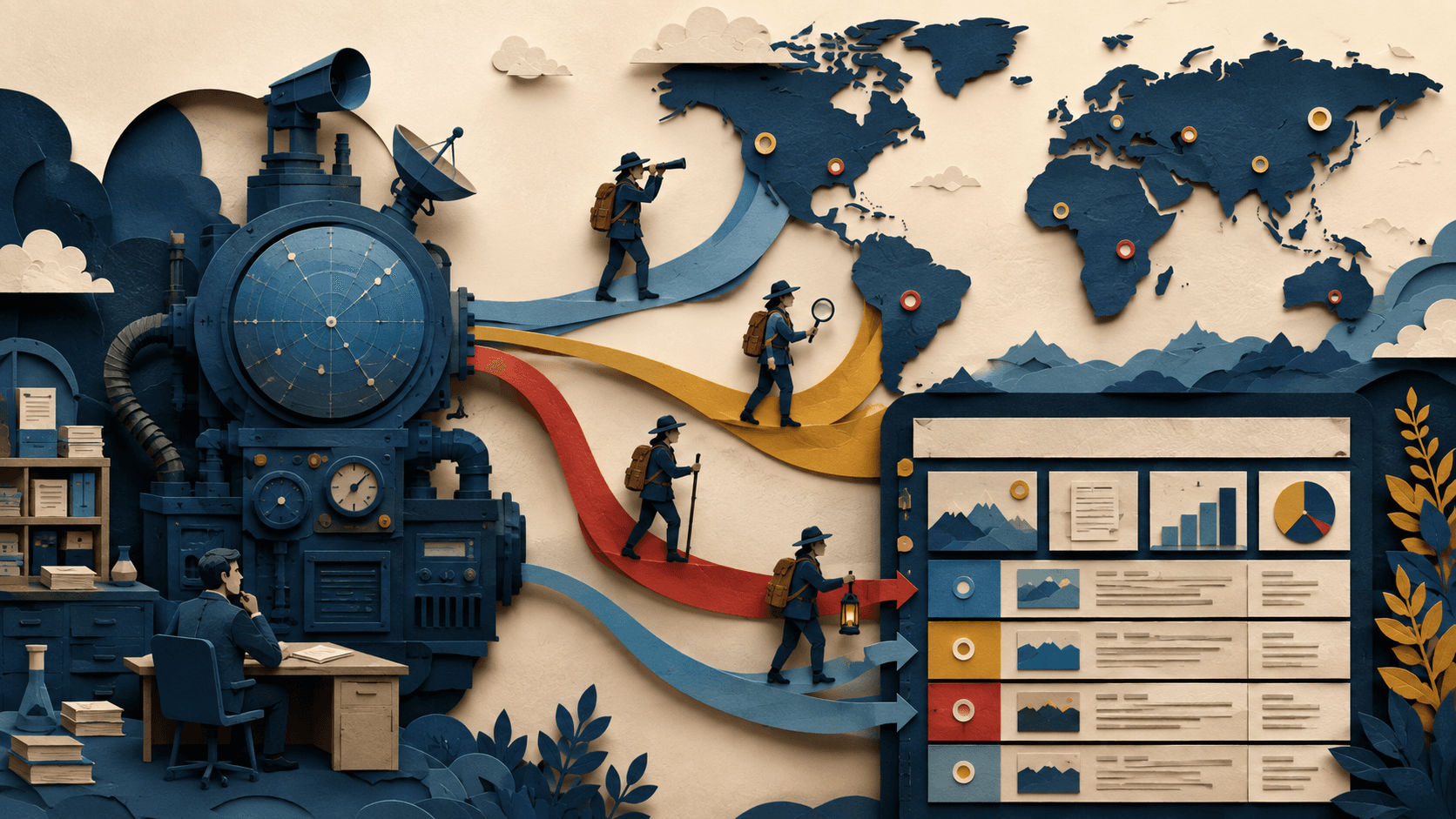 Parallel AI Review 2026: Web Research API Pricing and Accuracy Paper-cut web research machine sending scouts across a world map and returning cited evidence into a structured grid