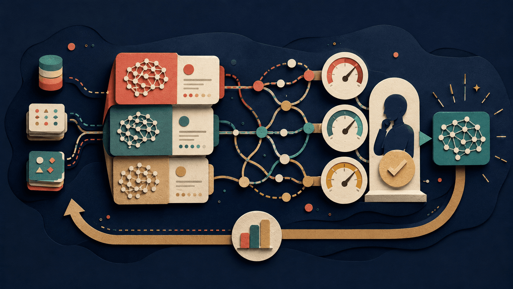 Parea AI Review 2026: LLM Evaluation and Observability Paper-cut experiment cards, trace paths, calibrated gauges, and a human review gate forming an LLM quality loop