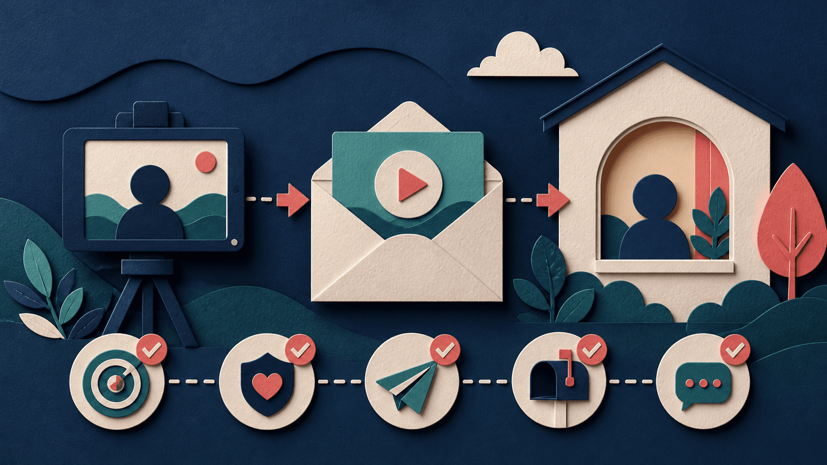 Personalized video email outreach template Editorial illustration of a personalized video moving from recording through email delivery to a relevant prospect response
