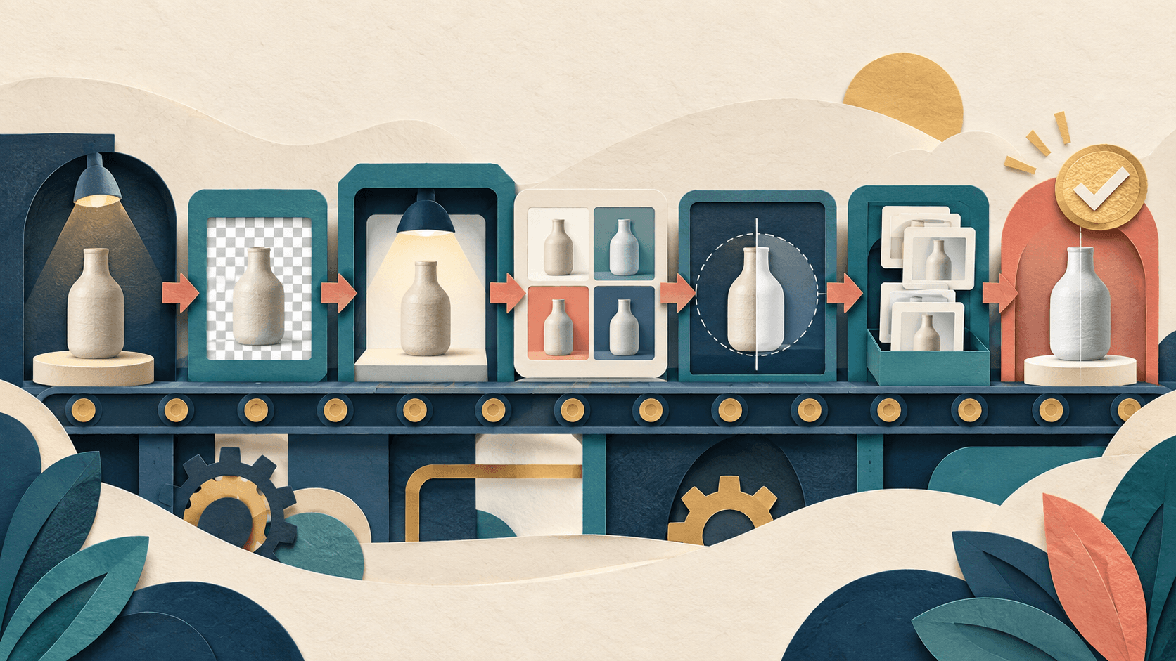 Photoroom Review 2026: Pricing, Credits & Product Fidelity Paper-cut editorial illustration of a product moving through background, lighting, fidelity, export, and human-approval checkpoints
