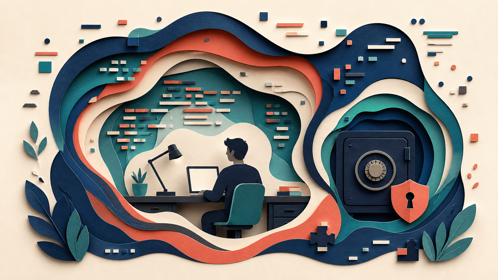 Pieces for Developers Review 2026: AI Memory, Privacy, and Fit Paper-cut illustration of a developer workstation surrounded by protected long-term memory and a local vault