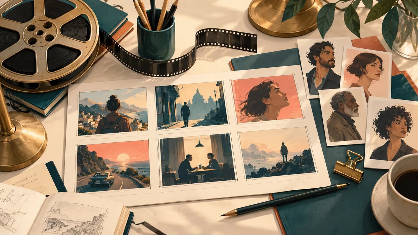 A filmmaker desk with six illustrated storyboard frames, film reel and cast reference cards