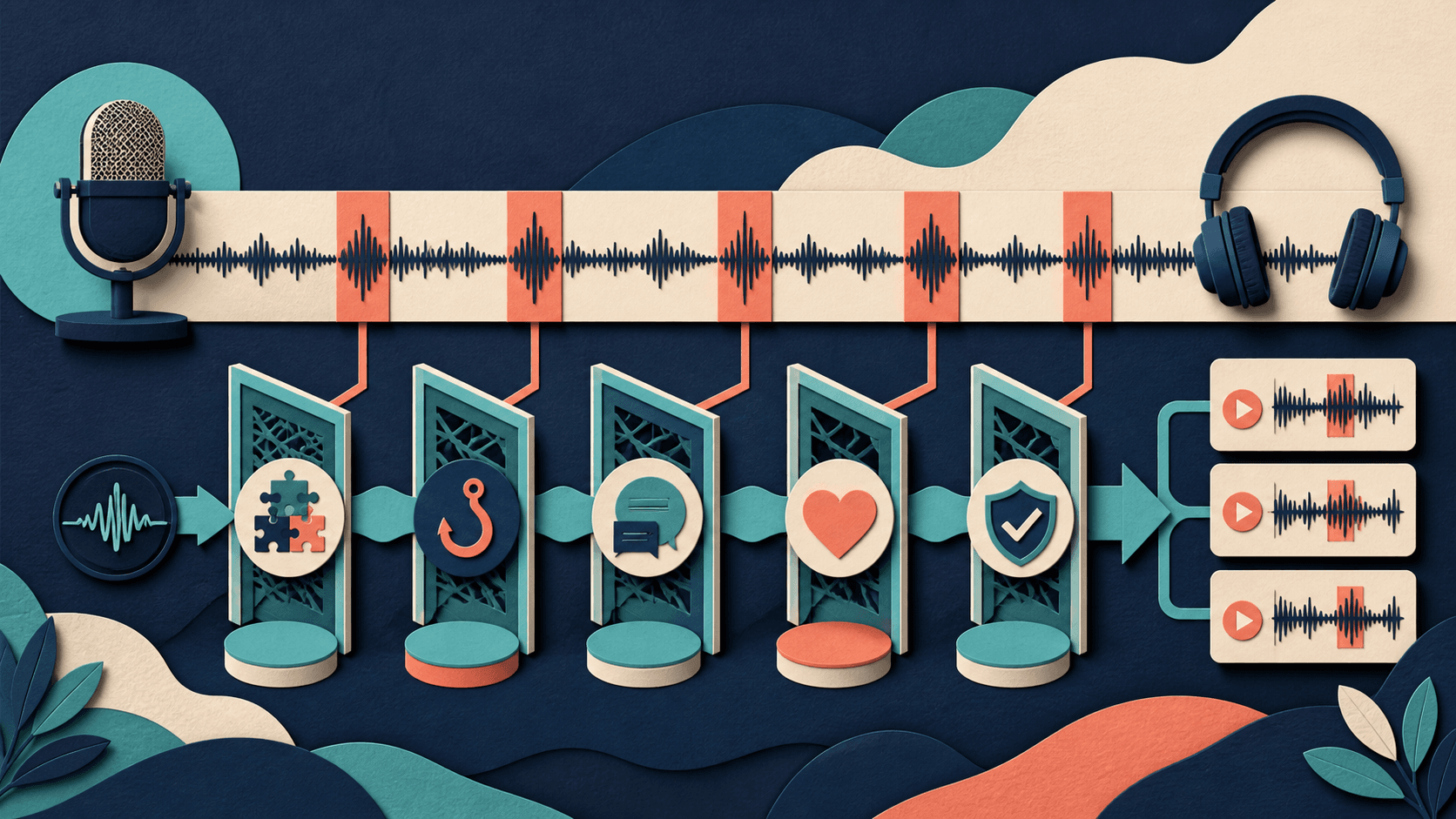 Podcast clip selection framework Editorial illustration of a long podcast timeline being filtered for standalone meaning, hook, context, emotional value, and truthful packaging
