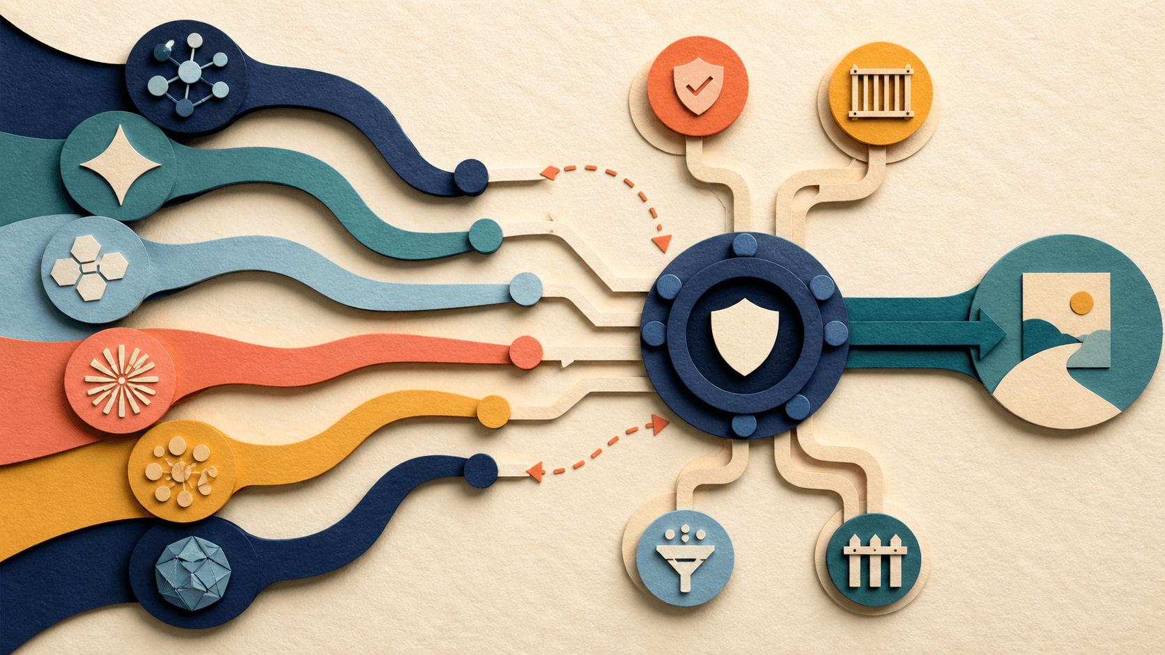 Portkey AI Review 2026: Gateway, Pricing, Guardrails, and Fit Paper-cut illustration of model streams entering a protected routing hub