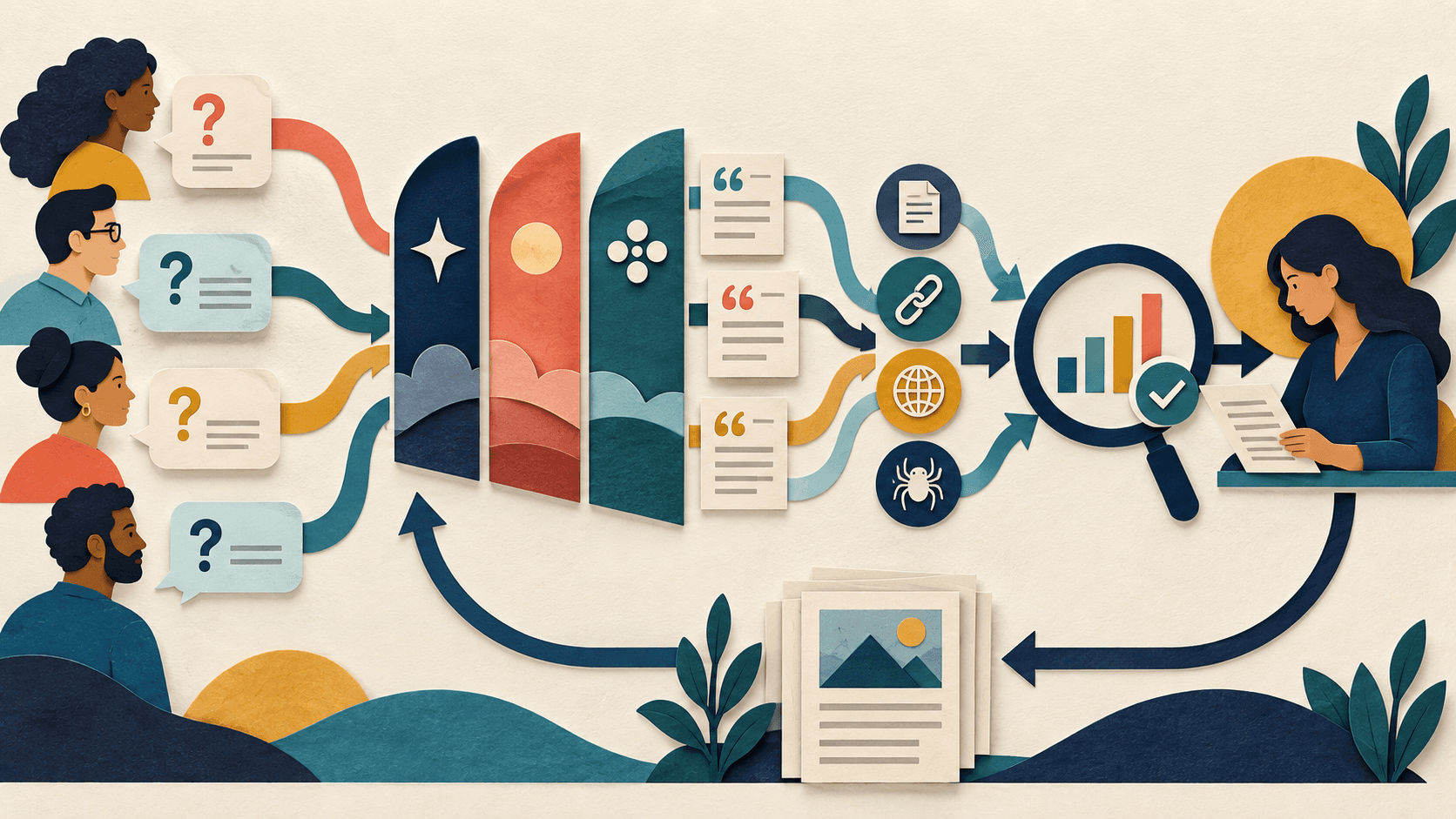 Profound Review 2026: AI Search Visibility, Agents & Pricing Paper-cut editorial illustration of buyer questions flowing through multiple answer engines into citations, crawler visits, verified analytics, and a guarded content action loop