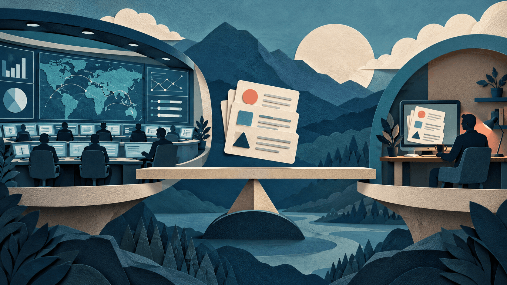Profound vs. Peec AI: Enterprise Depth or Focused Monitoring? Paper-cut editorial illustration of an enterprise control room and a focused monitoring lens inspecting identical evidence