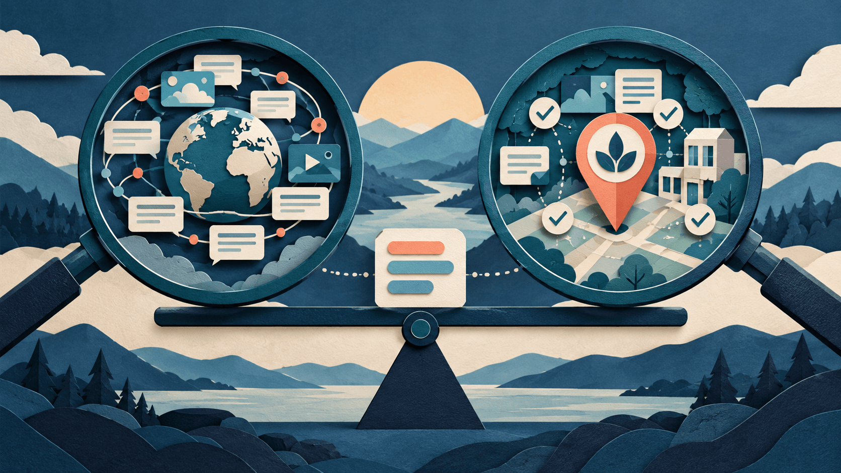 Profound vs. Scrunch AI: Which Visibility Platform Fits? Paper-cut editorial illustration of two audit lenses comparing broad visibility with brand-agent accuracy over the same prompts