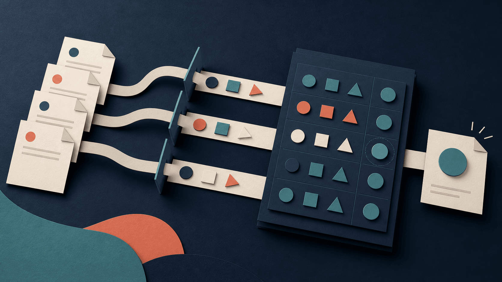 Business AI prompt testing framework Editorial illustration of representative prompt inputs moving through controlled test lanes into a scored and repeatable business result