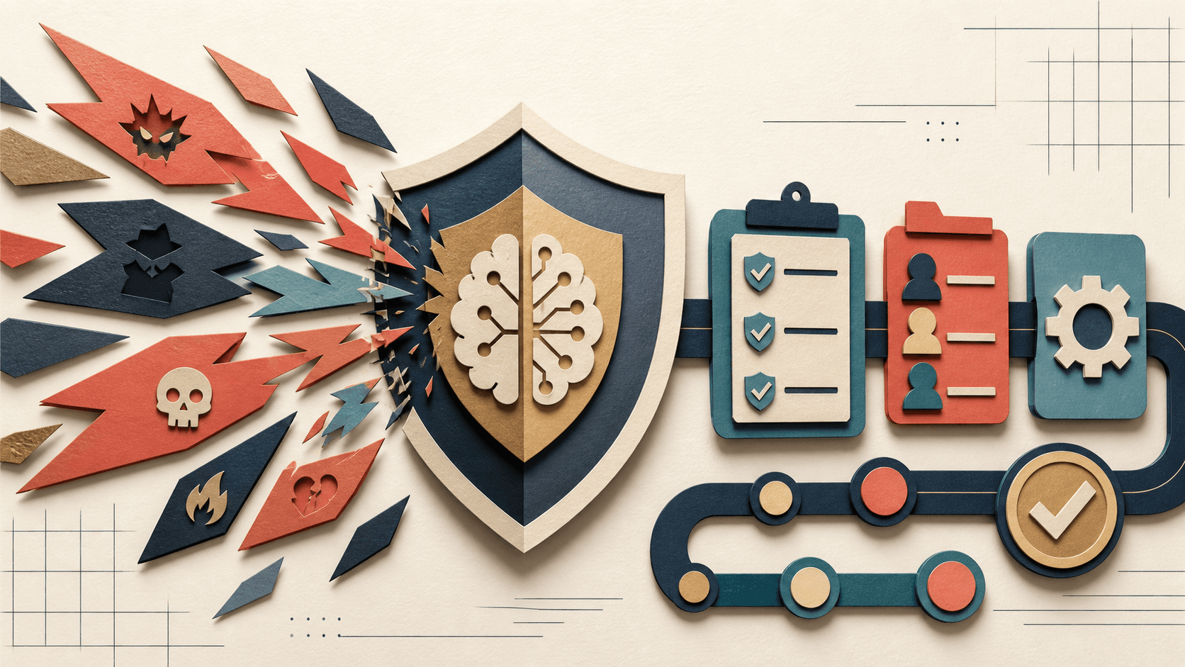 Promptfoo Review 2026: LLM Testing, Red Teaming, Pricing, and Fit Paper-cut illustration of adversarial prompt fragments meeting an AI shield and a governed continuous-testing pipeline