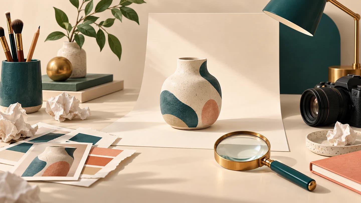 A product photography desk with a ceramic object and removable paper distractions, a magnifying glass