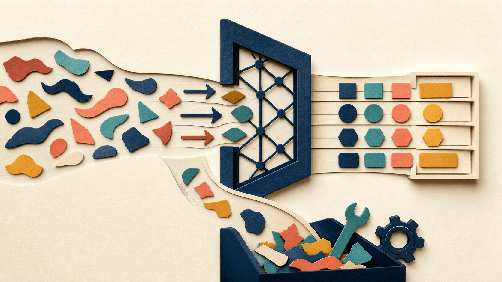 Pydantic AI Review 2026: Typed Agents, Evals, Pricing, and Fit Paper-cut illustration of irregular outputs passing through validation into structured components