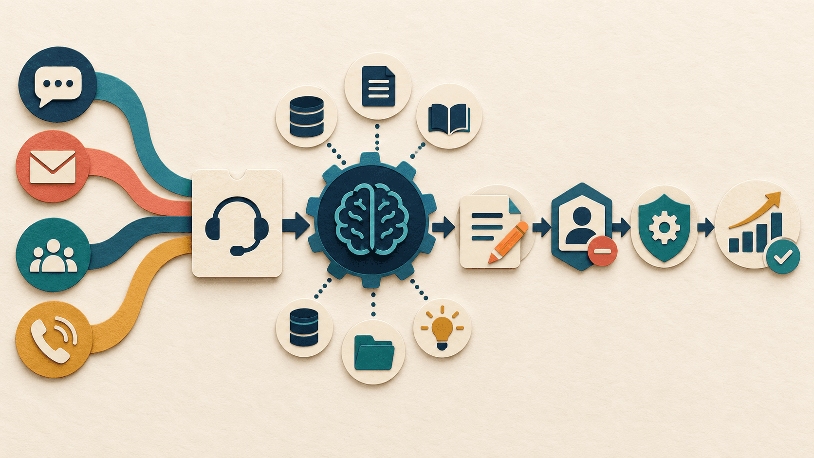 Pylon Review 2026: Agentic Support, Pricing & B2B Fit Paper-cut editorial illustration of multichannel support entering an AI investigation that pauses for review, escalation, safe action, and resolution measurement