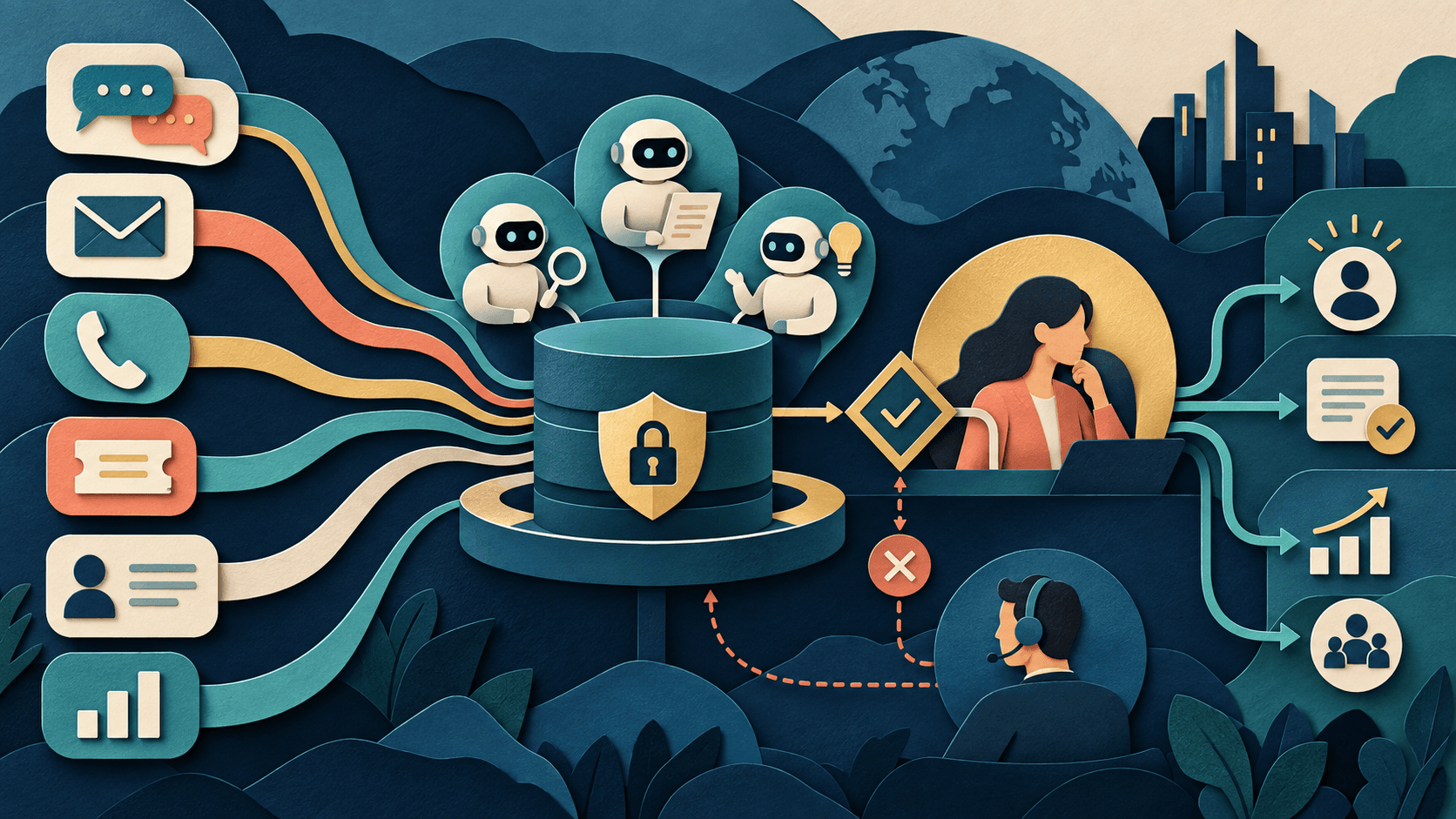 Pylon Review 2026: B2B Support, AI Agents & Pricing Paper-cut editorial illustration of customer conversations from Slack, email, chat, phone, and CRM converging into a governed B2B support workspace with human escalation and cost controls