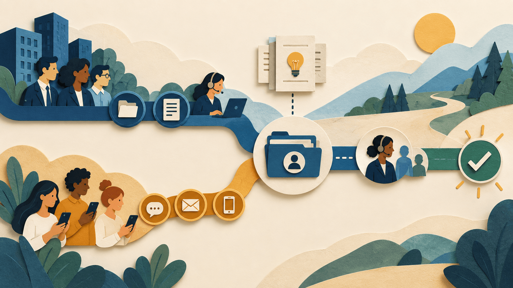Pylon vs. Intercom: B2B Support or Broad Customer Service? Paper-cut editorial illustration of shared-channel B2B support and broad customer messaging resolving the same case with context preserved