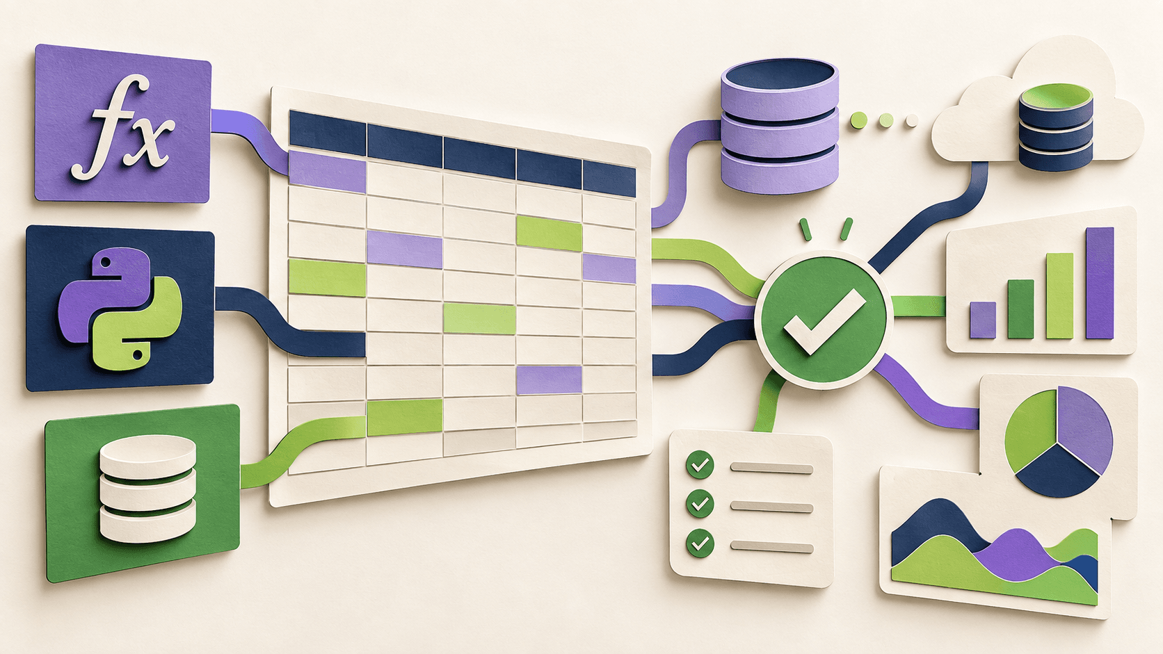 Quadratic Review 2026: AI Spreadsheet, Pricing, Python, and SQL Paper-cut editorial concept showing a spreadsheet joining formulas, code, databases, charts, and visible verification checkpoints